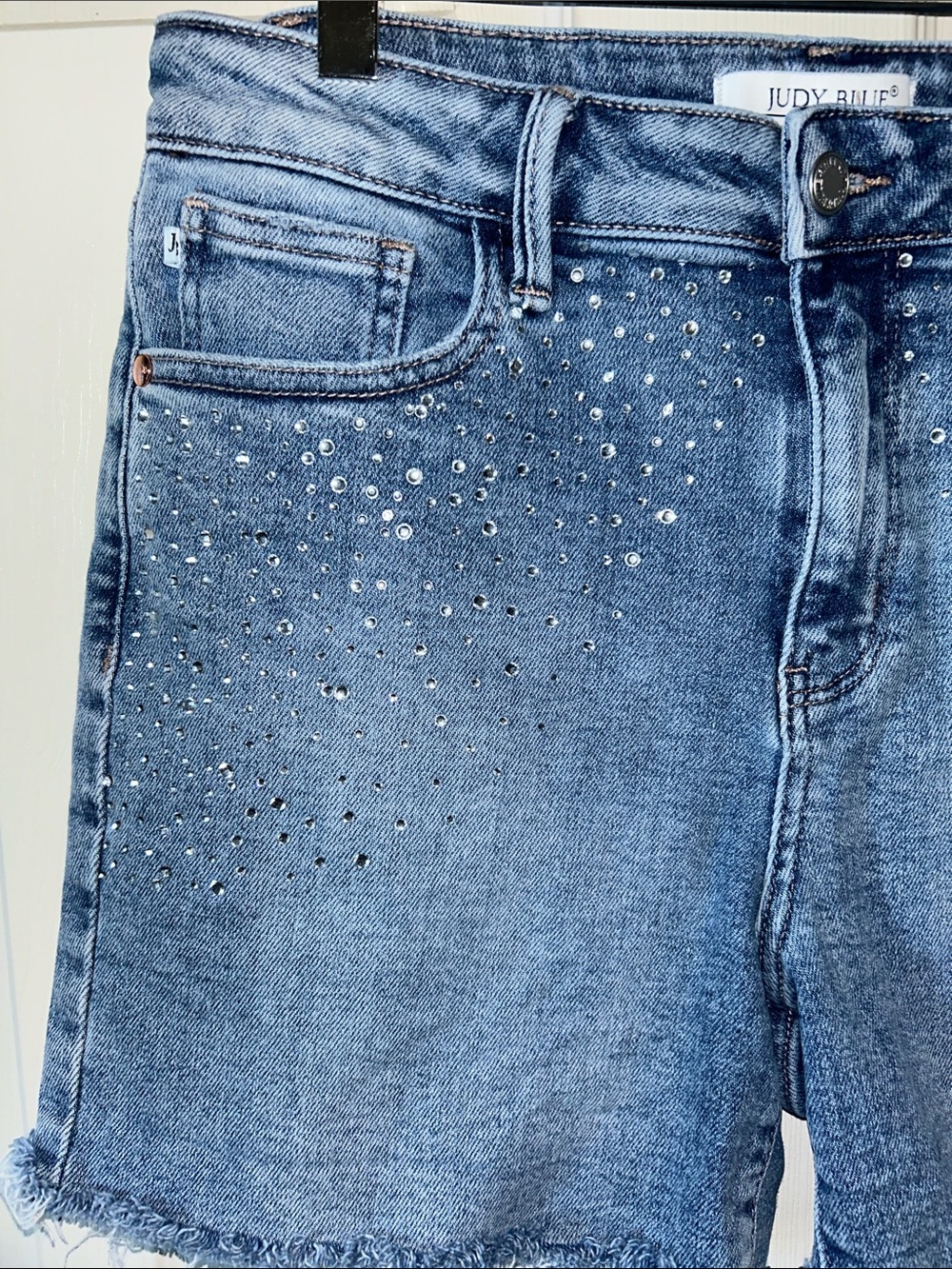 Judy Blue Rhinestone Elle Jean Shorts‎ Sz Large High Rise Cutoff Distressed - Picture 6 of 14